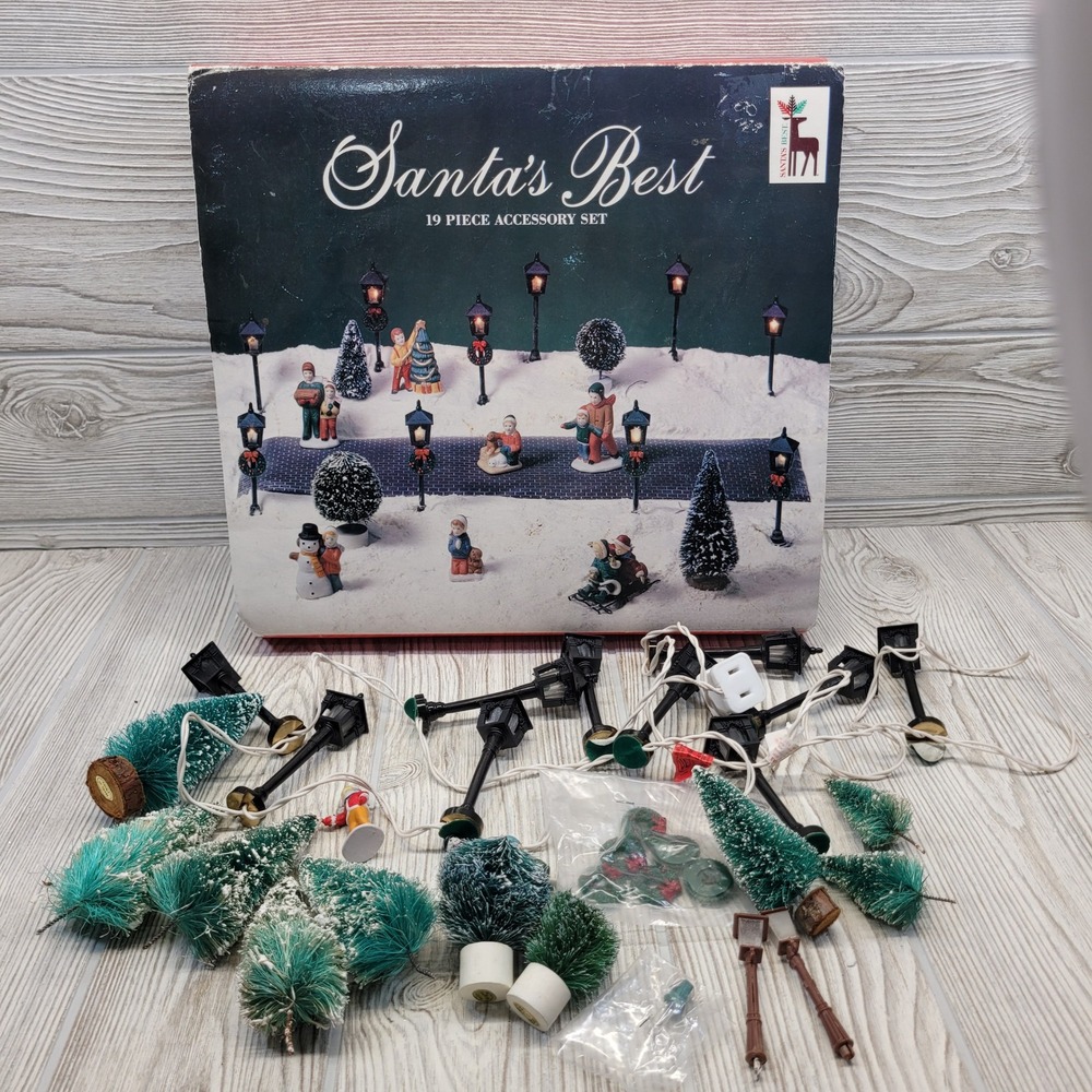 Santa's‎ Best Christmas Village Accessory Set Trees Figurines Lamp Posts Lights